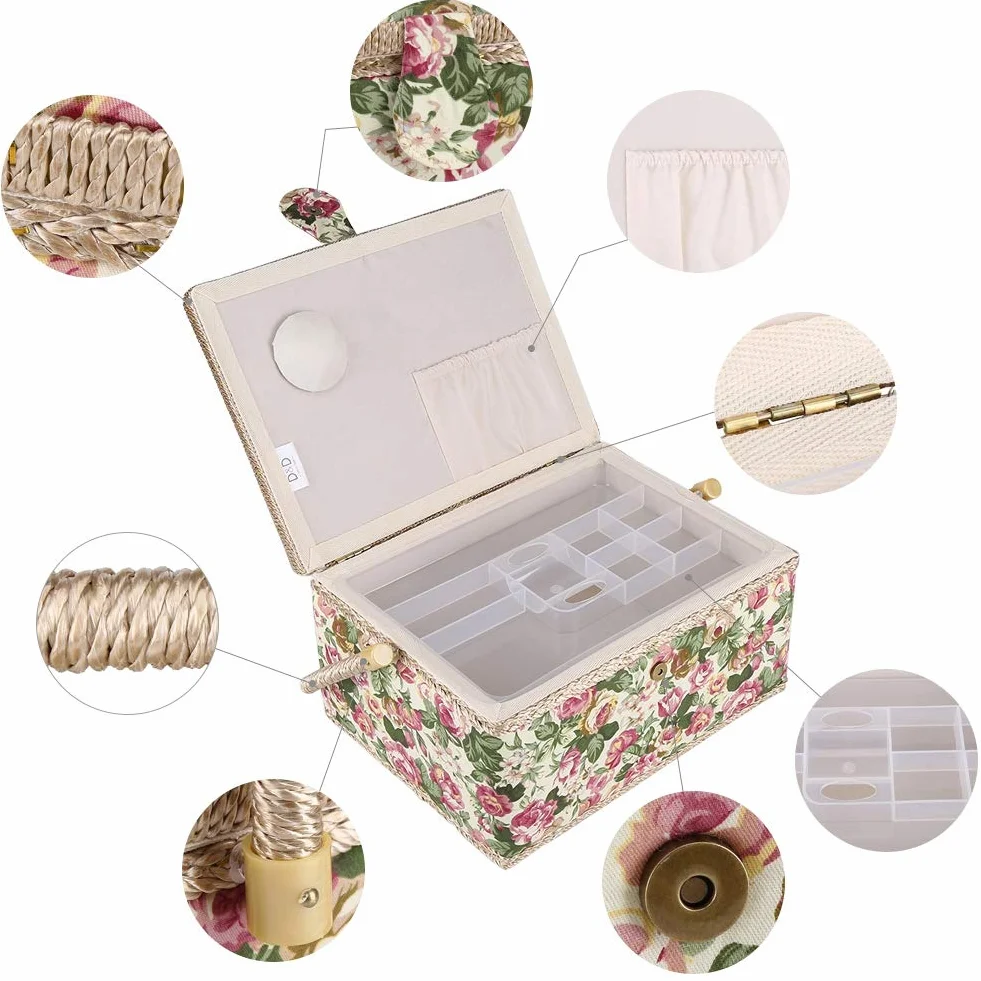 FLEXMAN Cestino da Cucito Grande, Scatola Portaoggetti per Kit da Cucito con Stampa Floreale in Tessuto, Organizer per Scatola da Cucito con Manico Ergonomico per Piccoli Articoli
