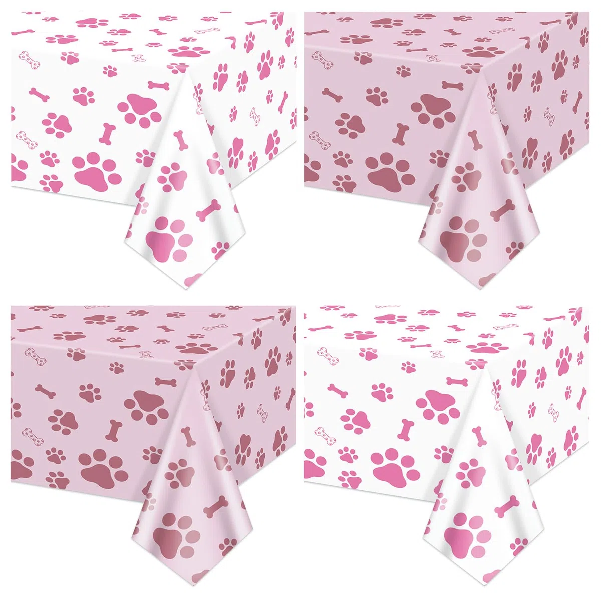 Tovaglia con stampa di zampe di cane rosa, 4 pezzi, rosa e bianco, per feste di compleanno a tema cane, 130 x 220 cm