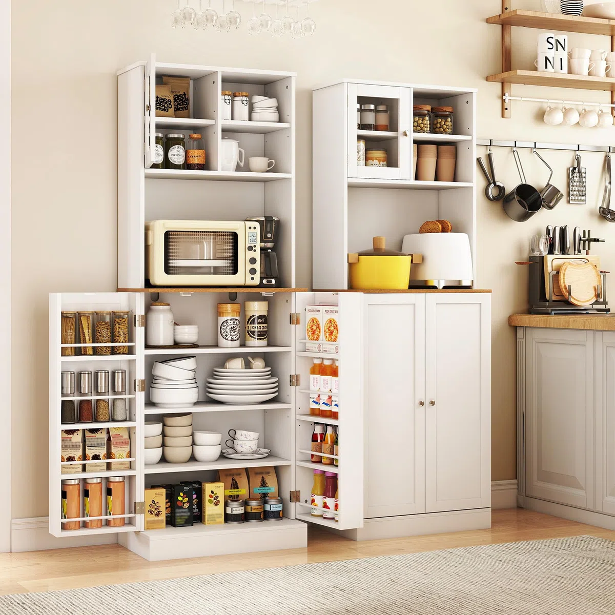 KOMFOTTEU Credenza Alta da Cucina 170 cm con Ripiani Regolabili, Fori per Cavi, Porta in Vetro Temperato, Mobile Buffet per Soggiorno, Sala da Pranzo, 60 x 35 x 170 cm, Bianco