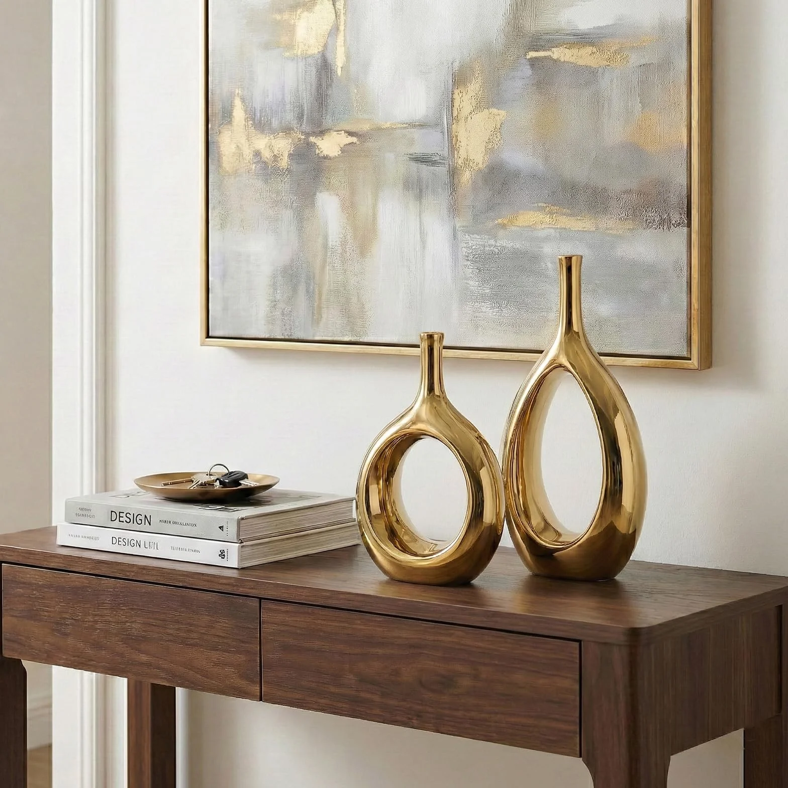 Set di 2 Vasi Moderni Decorativi in Ceramica Placcato Oro, Vaso Dorato con Design Aperto Centrale, Centrotavola Elegante per Soggiorno, Sala da Pranzo, Camera da Letto e Ingresso - Altezza 30.5 cm