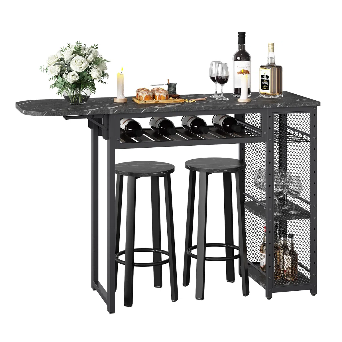 Set tavolo da bar con 2 sgabelli da bar, tavolo da pranzo con supporto per bicchieri da vino e ripiano, tavolo da cucina in stile industriale, tavolo da bar e bistrot (nero)
