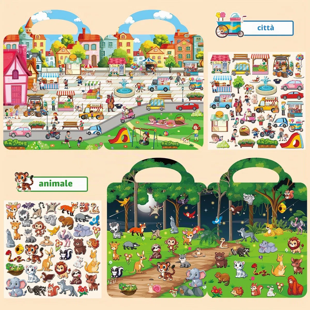 Kalysky 6 libri adesivi riutilizzabili, 250+ adesivi 3D per bambini 2-4, Nuovo tema-città, animali domestici, costruzioni, libri di attività adesivi, giocattoli educativi, regali di compleanno