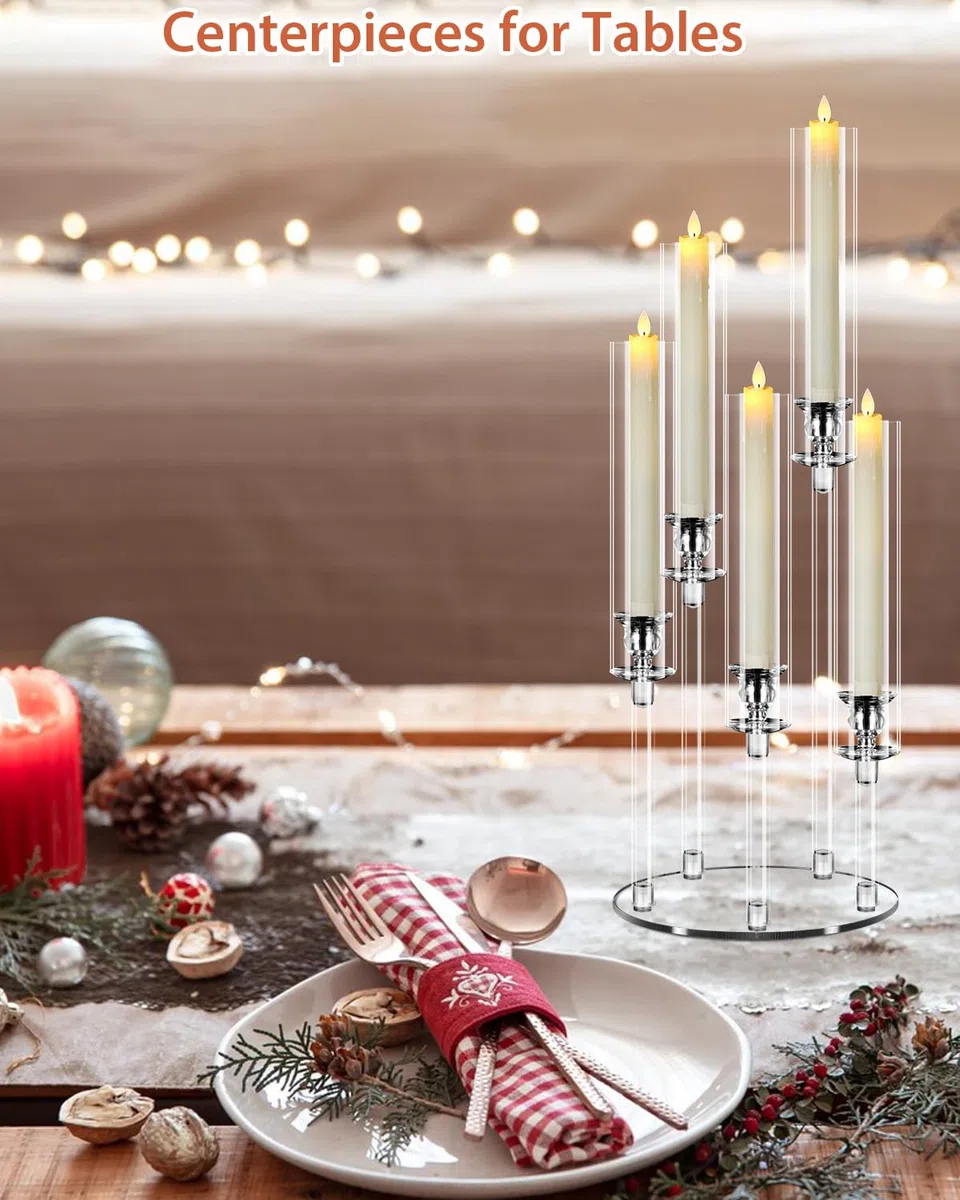 Set di 2 Candelabri con Candele LED, Portacandele 5 Bracci Alti 58 cm, Centrotavola in Acrilico Trasparente per Decorazione Matrimonio Natale, con Base e Paralume
