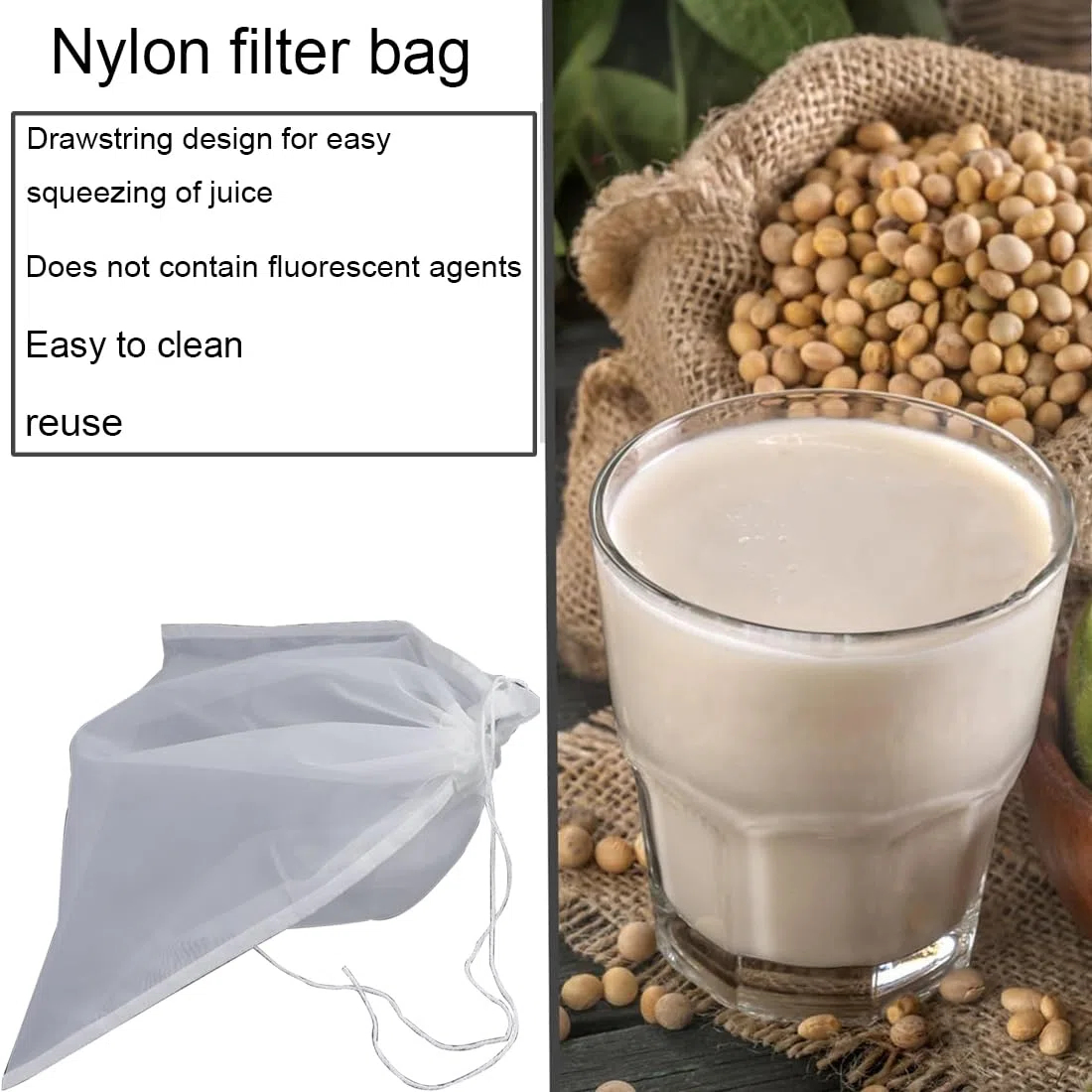 Sacchetto Filtrante Riutilizzabile per Alimenti, 2 pezzi Sacchetti Filtranti per Alimenti con Coulisse, Filtri per Liquori per Birra e Latte Vegetale, per vino marmellata Yogurt, 45 x 60 cm (100 Mesh)