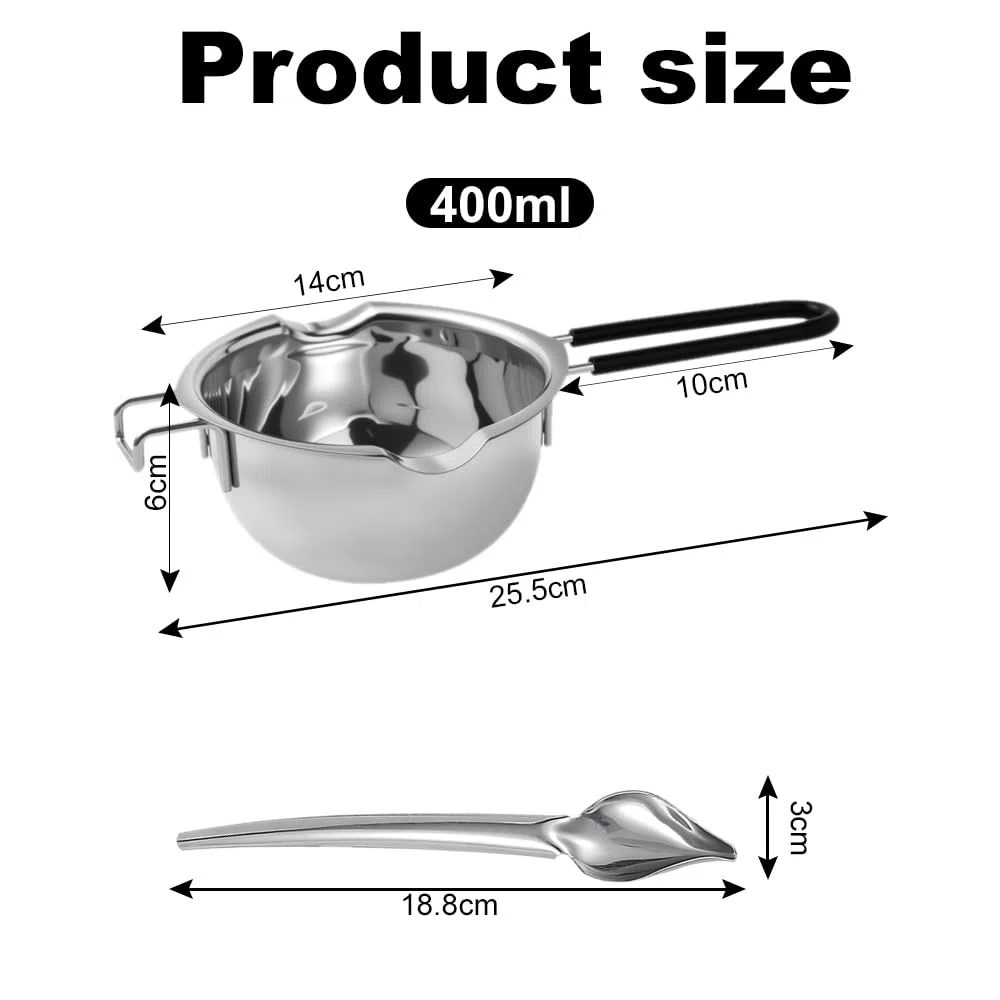 Bagnomaria in Acciaio Inox, 2 Pezzi 400ml Pentolino bagnomaria, 1 Pezzi Cucchiaio in Acciaio Inox, Manico in Silicone, per Cioccolato, Zucchero, Burro, Formaggio, Caramello, Acciaio Inox 304