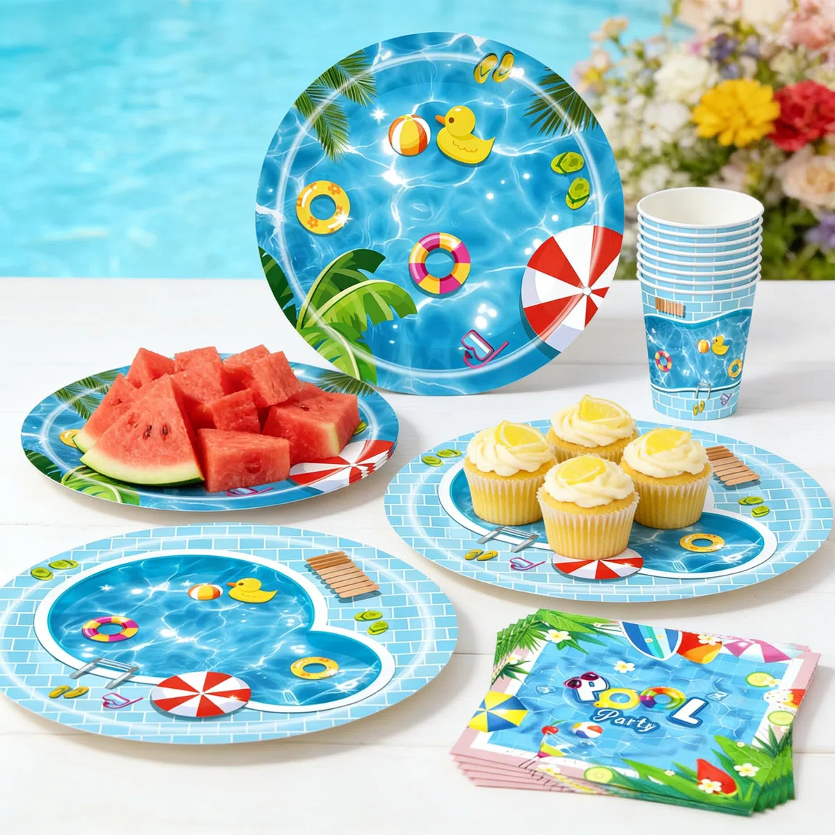 Jiahuade Set di stoviglie estive per feste in piscina, 50 pezzi, stoviglie per feste in piscina, tovaglioli, piatti di carta, bicchieri, stoviglie per 10 ospiti