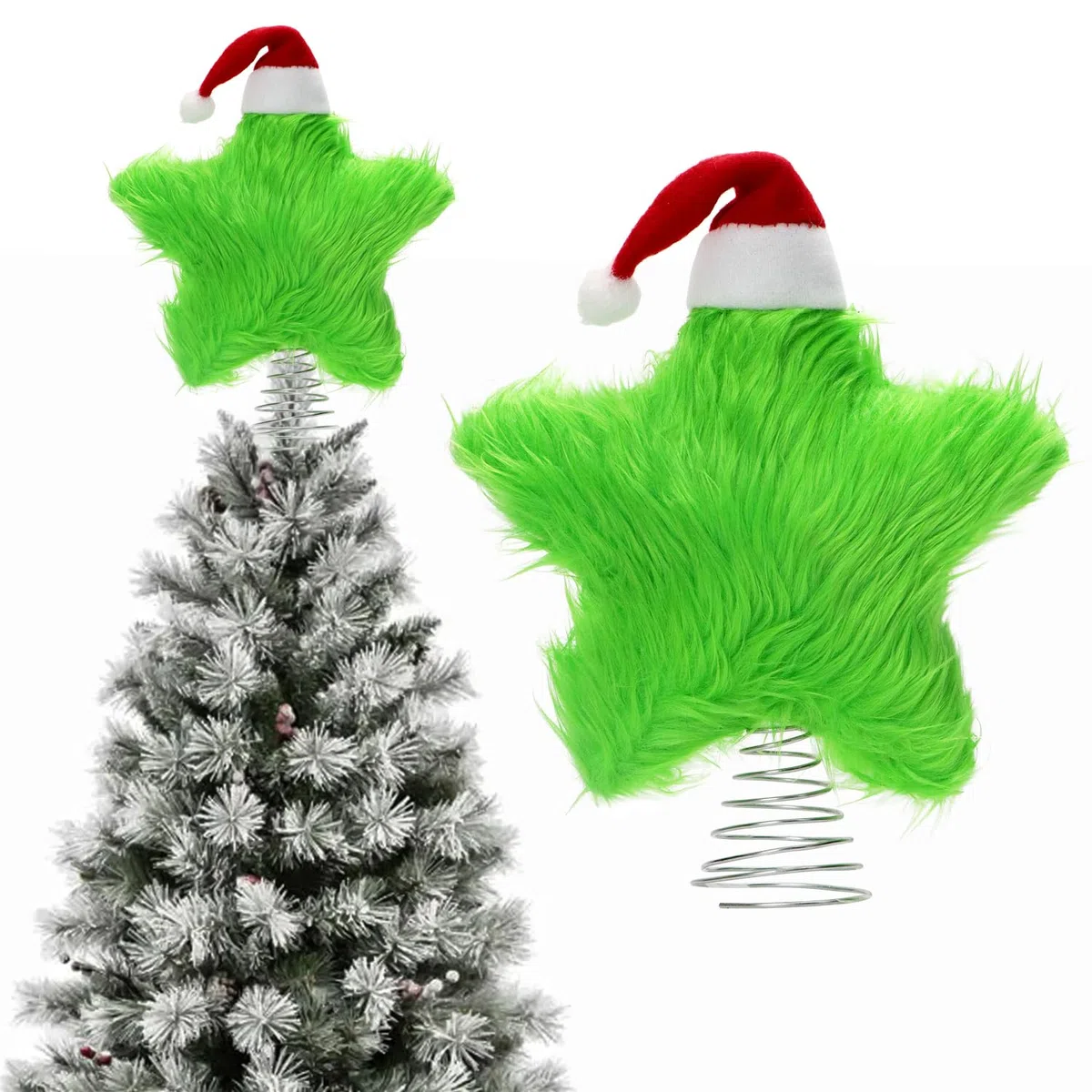 Puntale per albero di Natale in peluche, 19 cm, con mini cappello di Natale, verde