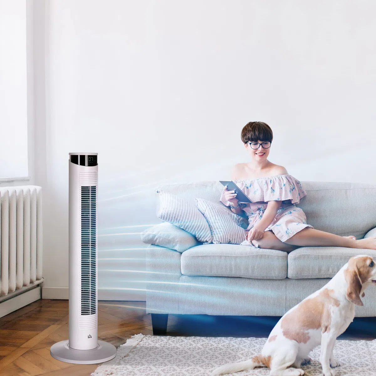 HOMCOM Ventilatore a Torre 45W a 3 Modalità e 3 Velocità con Timer da 12h, Ventilatore da Terra in ABS e Alluminio con Telecomando, Ø31.5x93 cm, Bianco
