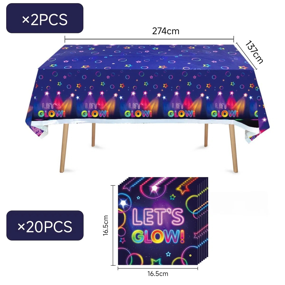 Set di 2 tovaglie impermeabili con 20 tovaglioli fluorescenti, reattivi ai raggi UV, in plastica PE facile da pulire, per feste di compleanno, decorazioni per interni ed esterni (stile A)