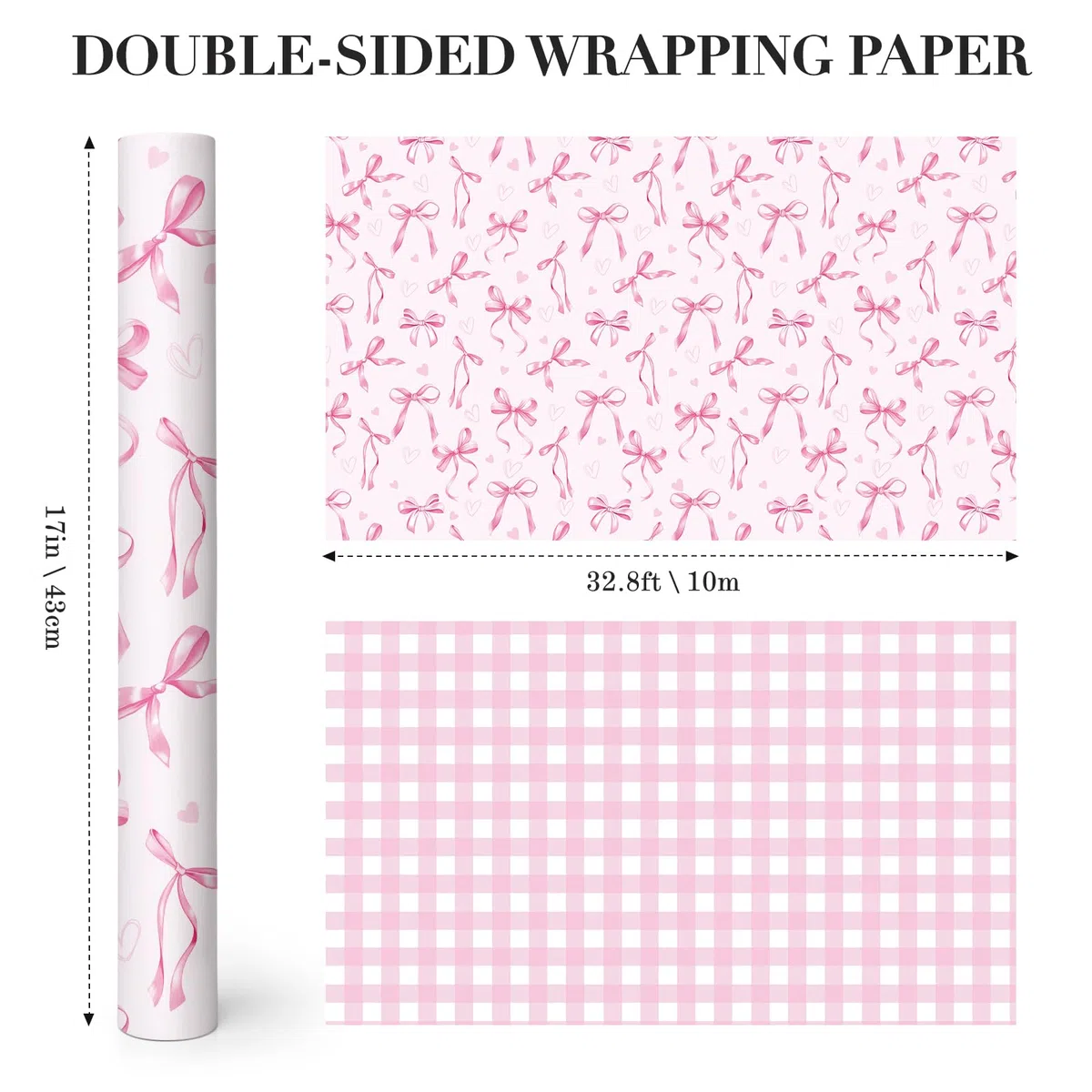 Neloheac Rotolo Carta da Regalo Fiocchi e Cuori Rosa Reversible Quadri, 43 cm x 10 m, Ideale per Compleanni di Ragazze Donne, Festa della Mamma, San Valentino, Bridal Shower, Matrimoni