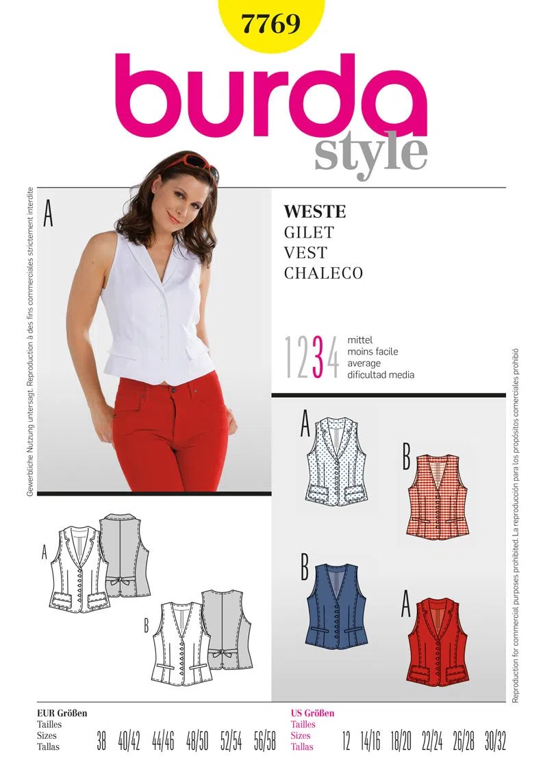 Burda 7769 - Cartamodello per gilet (donna, taglia 38-58), livello 3, medio