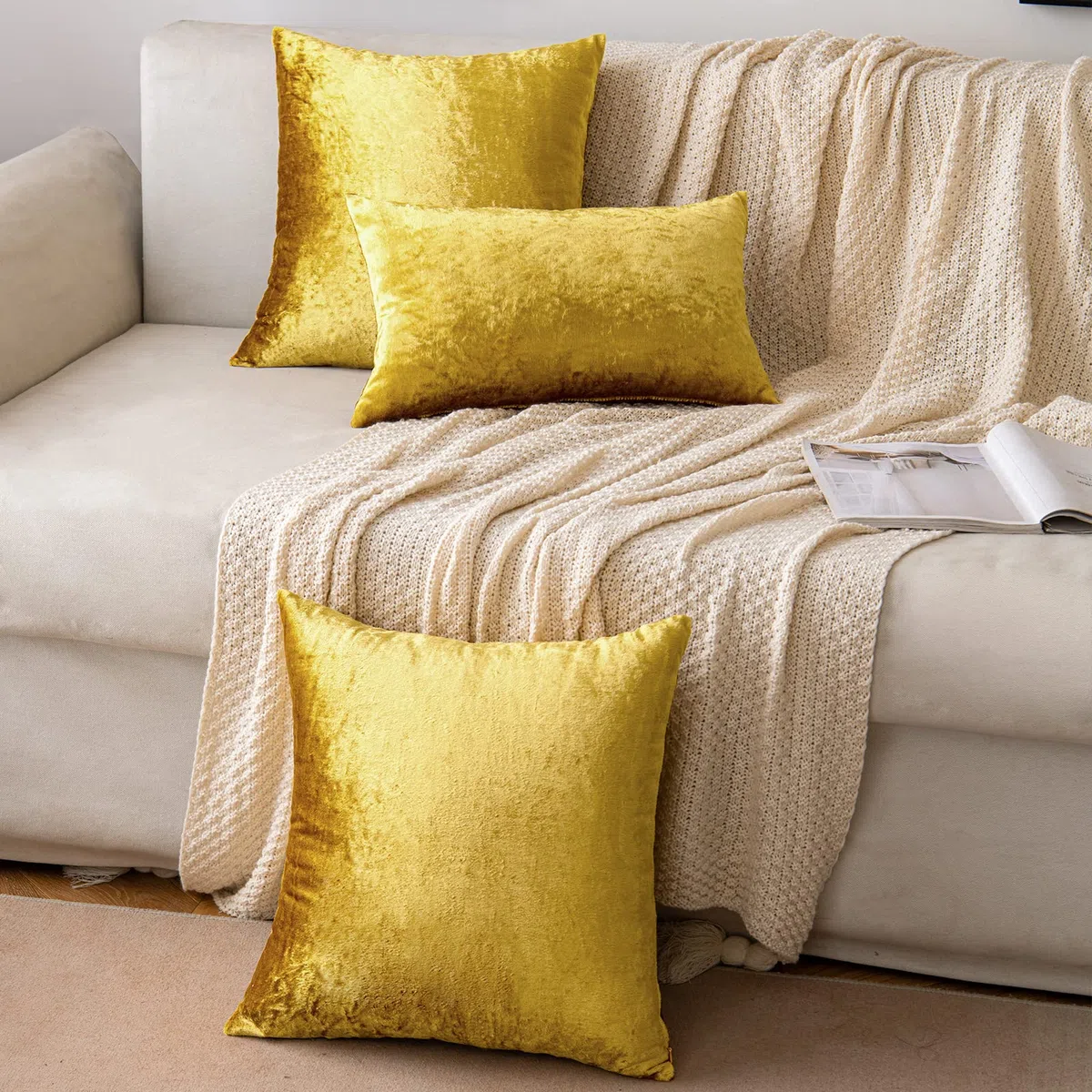 EMEMA Federe in velluto Copricuscini Decorativi Fodere Quadrate per Cuscino per Divano Camera da Letto Casa 40x40 cm Confezione da 2 Oro Luxueux