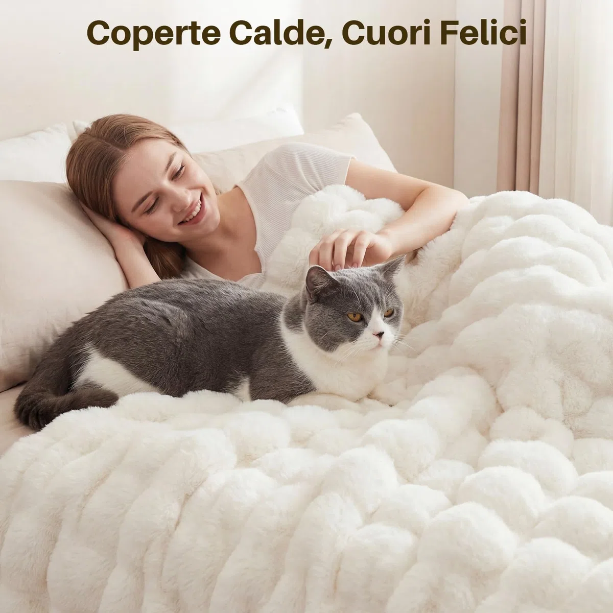 Coperta Plaid Super Morbida Pile Peluche di Coniglio Caldo e Spesso 130 x 160 cm, 1000 g/m² Divano Coperta Fluffy di Alta Qualità, Versatile Coperta Matrimoniale per Camera da Letto Viaggi, Bianco