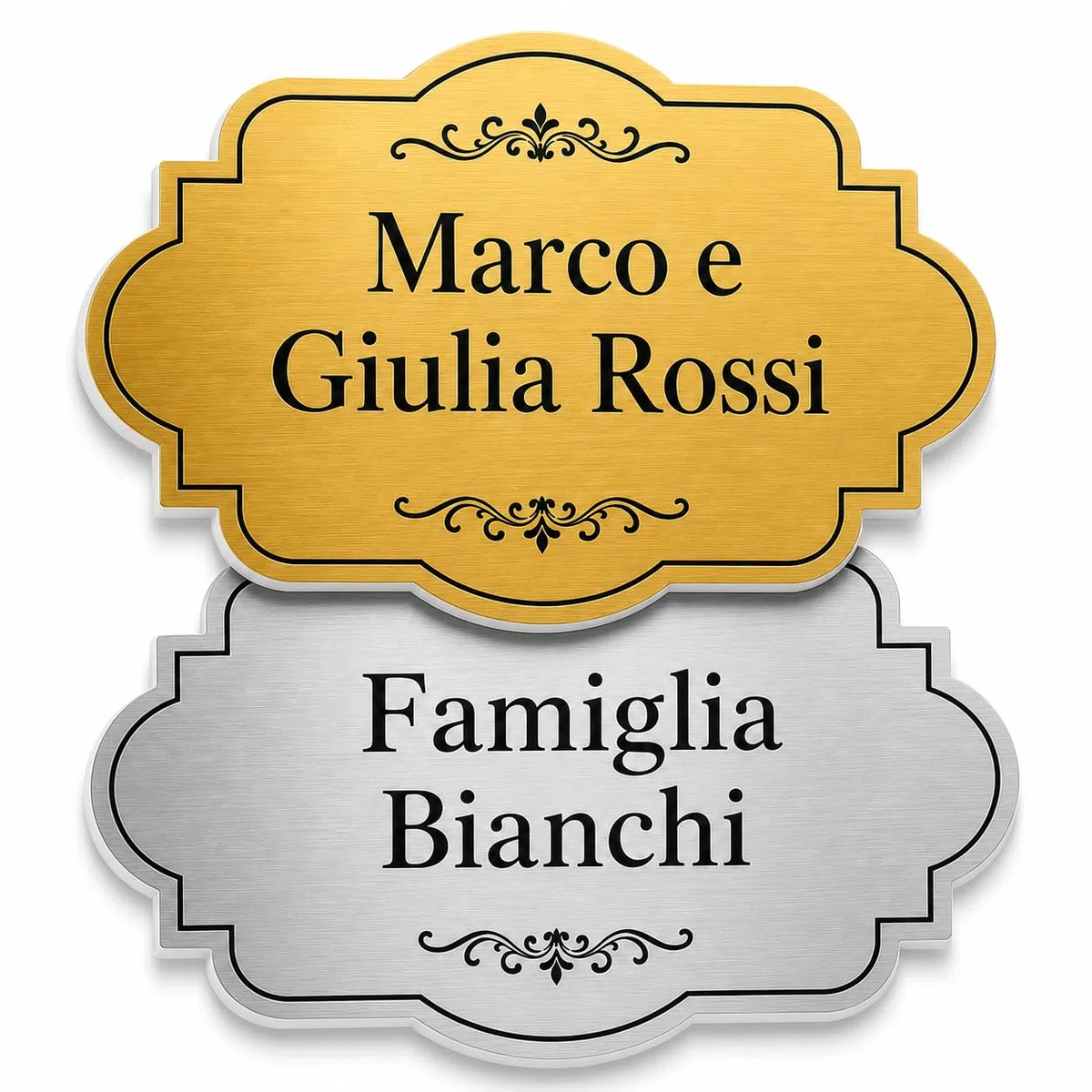 Targa Porta Ingresso Personalizzata in Plexiglass, Targhetta Adesiva Fuori Porta Casa con Nomi Famiglia, Biadesivo Incluso, Sfondo Oro Argento Bianco, Decoro a Scelta