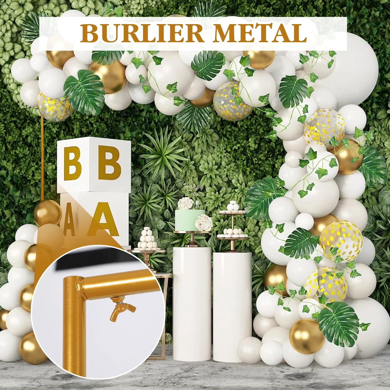 Arco di nozze in metallo, 2,5 x 2,5 m, regolabile, con base, arco di fiori, per anniversario, compleanno, festa, sfondo (6,6 FT x 6,6 FT)