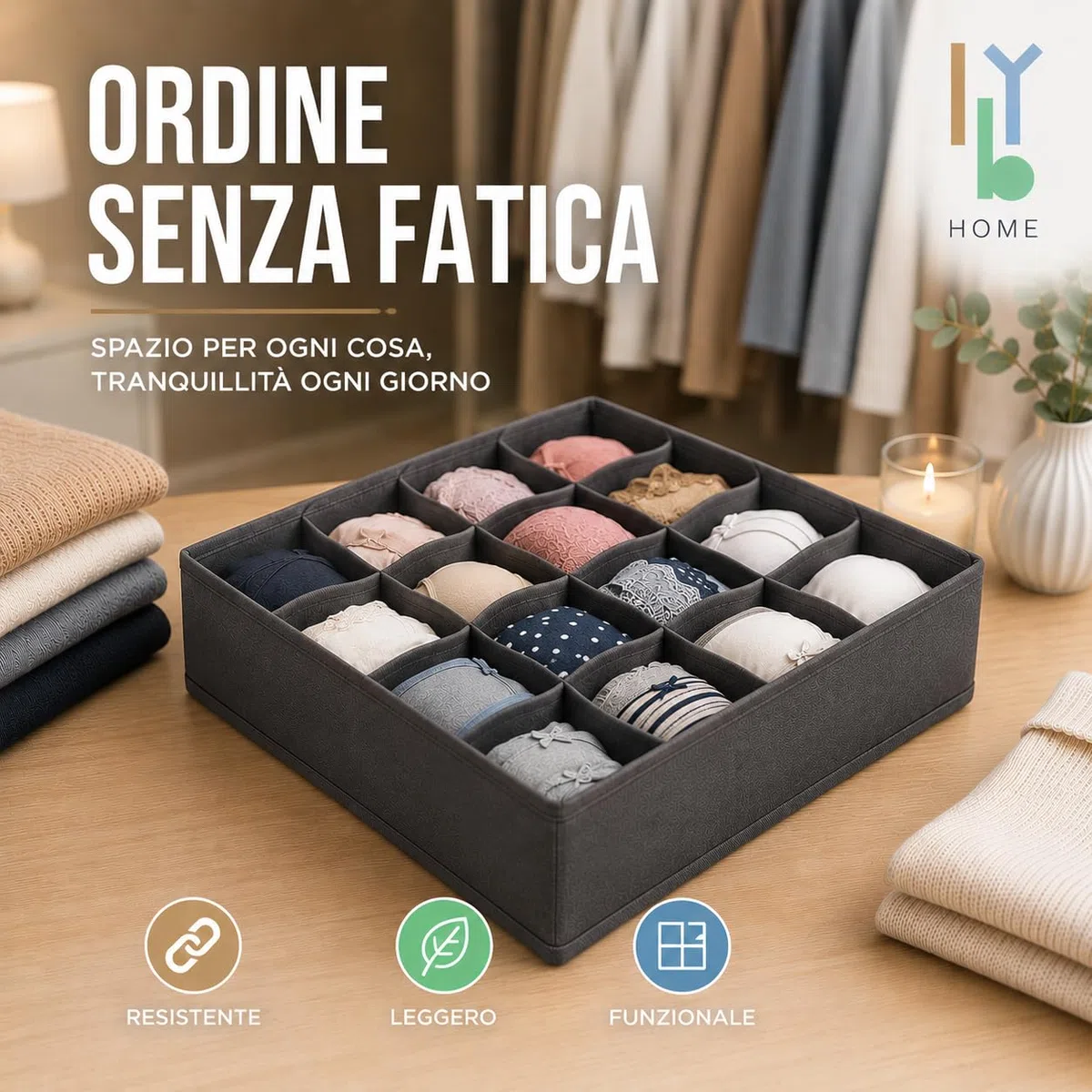 3 Pezzi Organizer Cassetti Biancheria - Divisori per Cassetti in Tessuto Pieghevoli - Set Salvaspazio da 64 Scomparti (2x24+1x16) per Armadio e Guardaroba - per Intimo, Calze, Cinture e Accessori