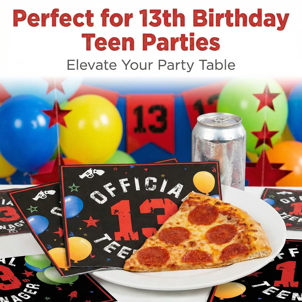 Official Teenager 40 Pezzi Tovaglioli Compleanno 13 Anni, Colorati Festa Tovaglioli con Palloncini, 33x33cm Tovaglioli USA E Getta per Ragazzi E Ragazze Decorazione Festa