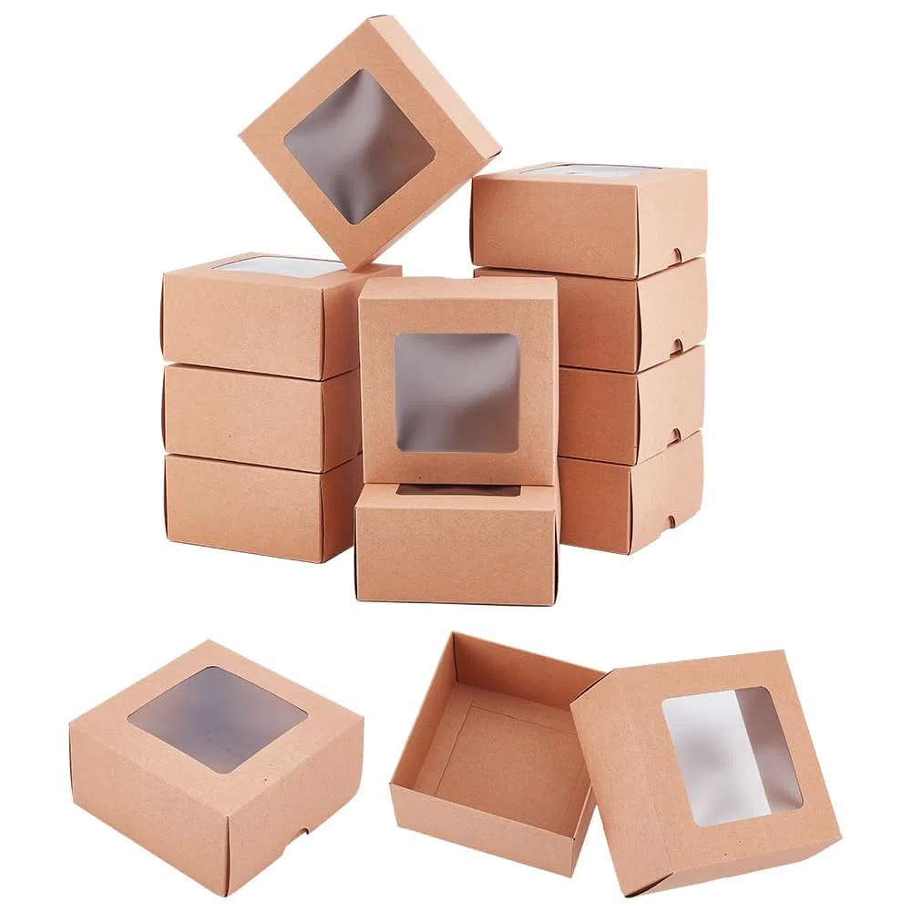 BENECREAT 12 scatola di Carta Kraft Marrone con Finestra Trasparente, Confezione Regalo Quadrata In Carta Kraft Da 10x10x5 cm, Adatto per Regali di Nozze, Imballaggio Gioielli