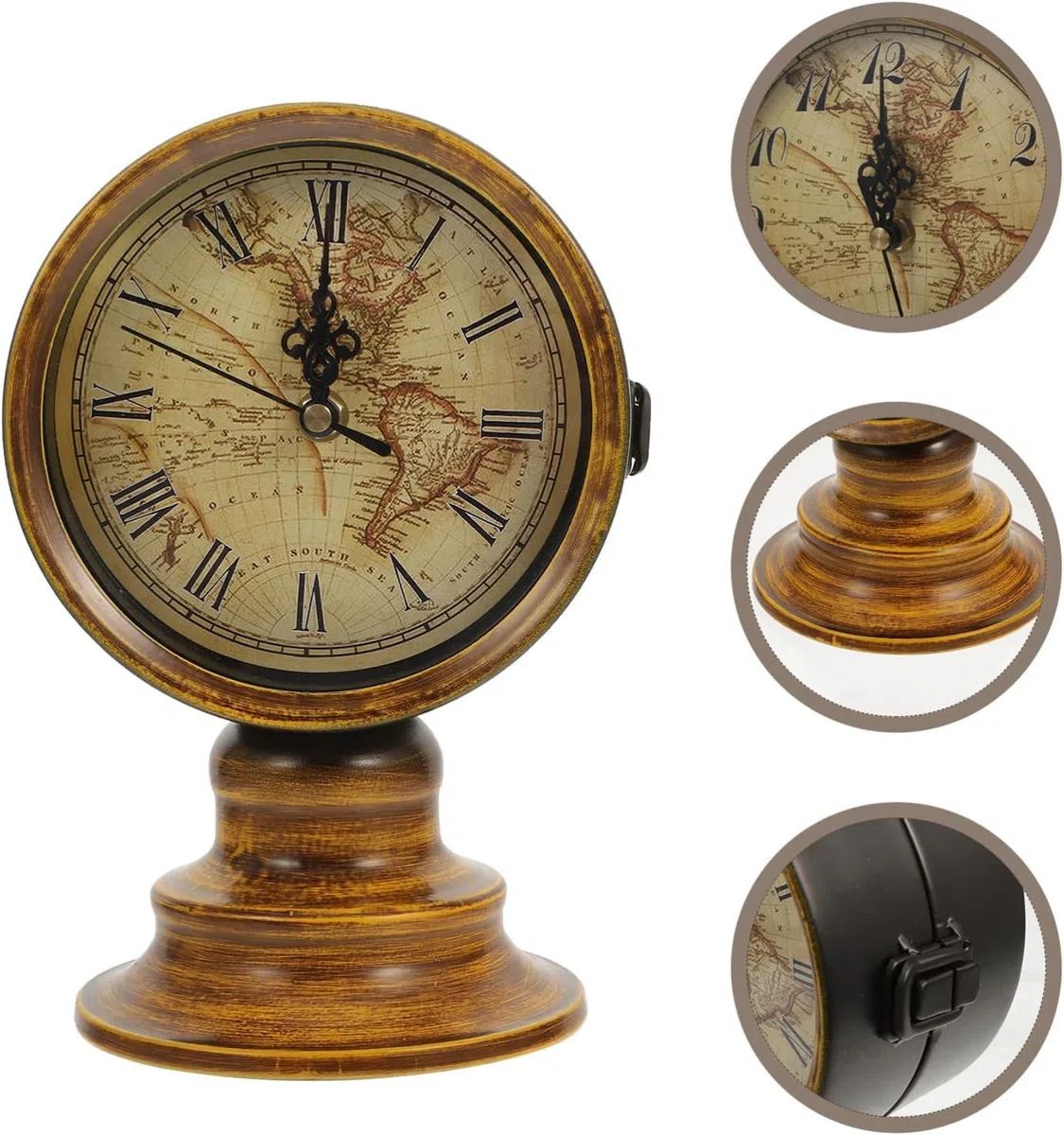 Sveglia senza Ticchettio,Bifacciale Classico Orologio da Scrivania Analogico con Mappa Del Mondo Retrò,Silenzioso Sveglia da Comodino e da Scaffale