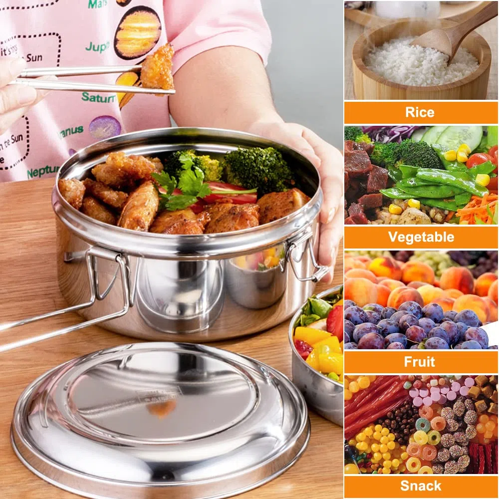 1200ml Lunch Box in Acciaio Inox, Rotondo Gavetta, Scatole per Il Pranzo, per Adulti e Bambini, con Maniglia,per Scuola, Picnic, Viaggi