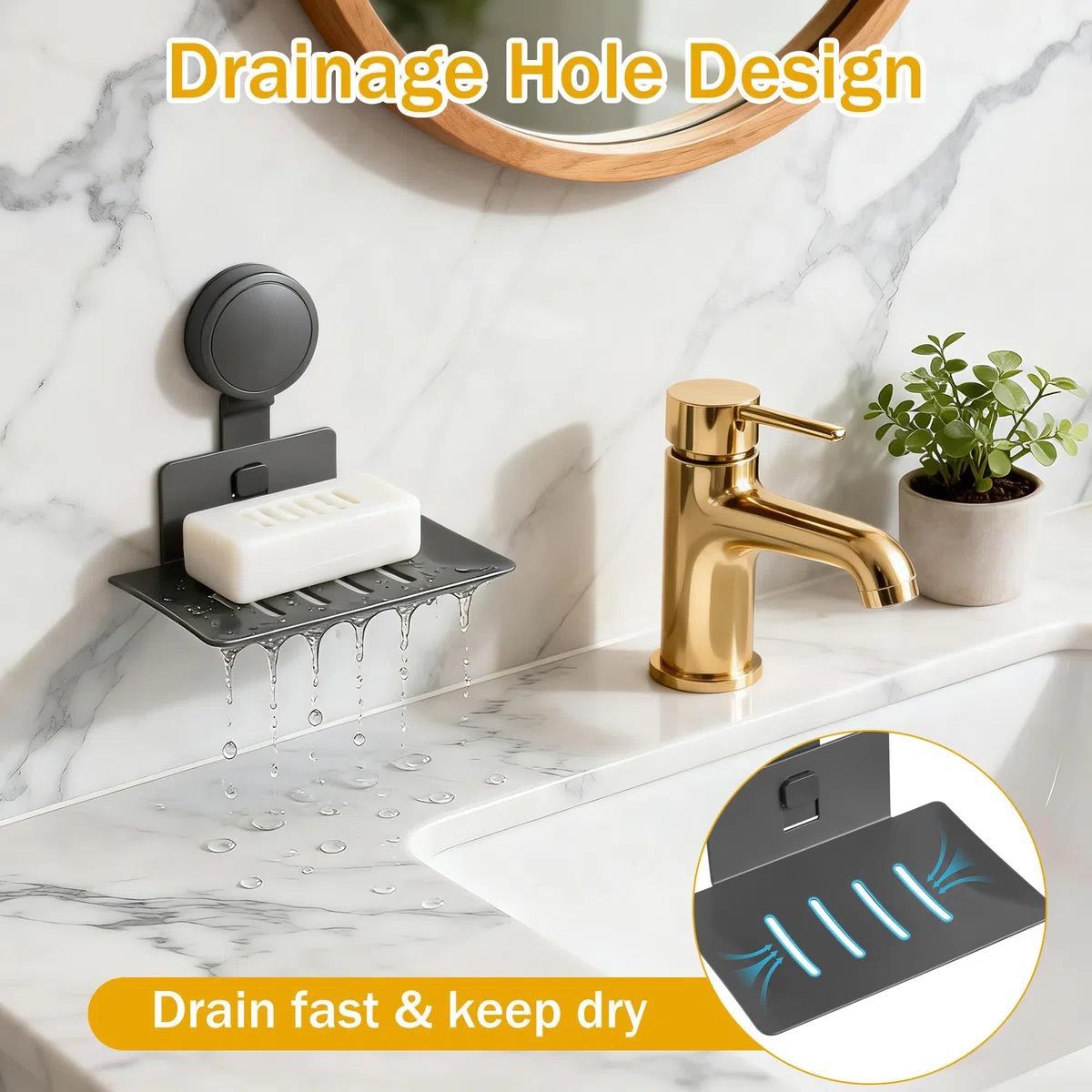 Zocipro Portasapone a Ventosa, Installazione in un Secondo Senza Trapano, Supporto per Saponetta e Spugna con Scarico Acqua, Max 3kg, per Doccia, Bagno, Vasca e Lavello Cucina