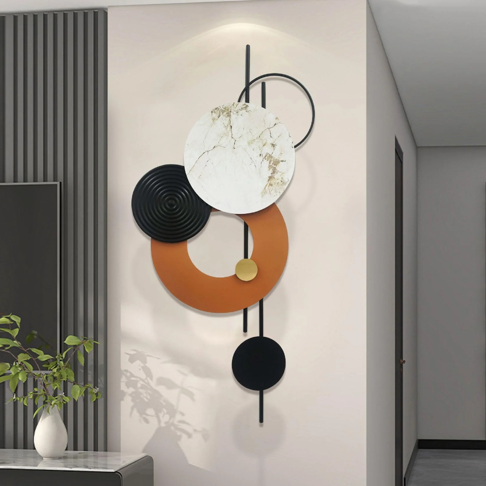 GERHWASH Decorazione da parete moderna per soggiorno, decorazione da parete in metallo 3D, grande decorazione da parete, sculture da parete rotonde Boho decorazione corridoio per ufficio a casa