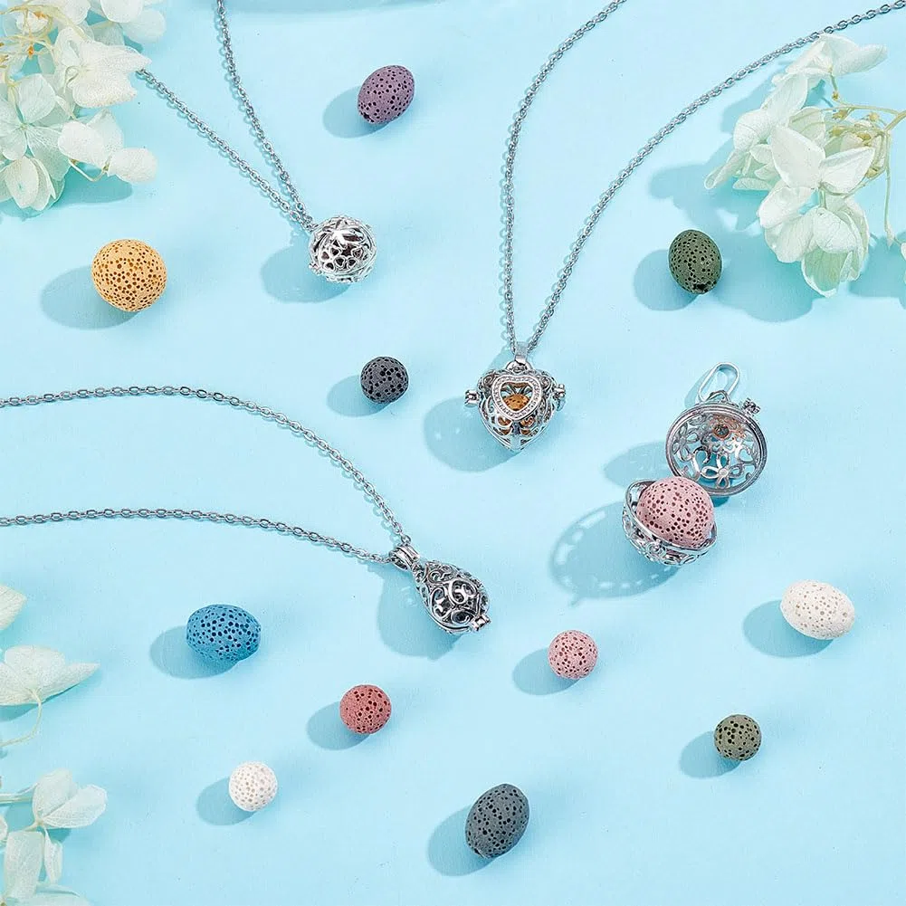 PH PandaHall 4pz Collana con Diffusore di Oli Essenziali Ciondolo Medaglione per Aromaterapia con Catena in Acciaio Inox e 26pz Perline di Roccia Lavica per Accessorio di Gioielleria