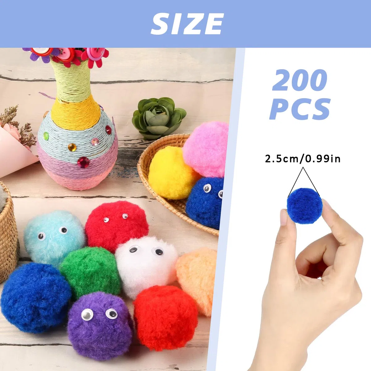 EHIOG 200 PZ Pom Pom Artigianato, 2.5 CM soffici pompons, Pompon Colorati Palline Di Peluche Colorate Fai Da Te Artigianato Palline, Forniture Hobby e Fai Da Te Creativo Vari Colori Misti