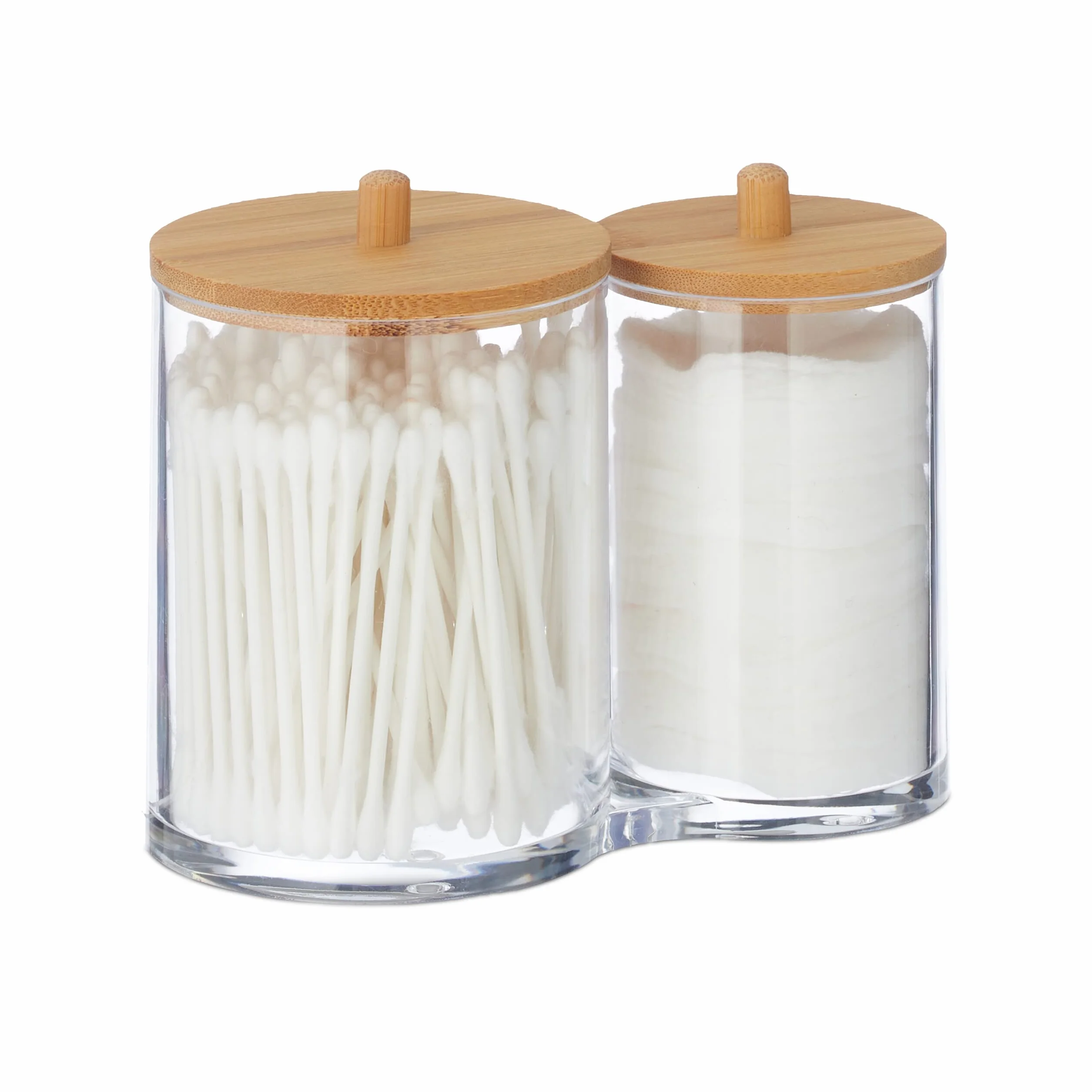 Relaxdays Porta Cotton Fioc, Bagno, Dispenser per Dischetti di Cotone, Plastica, Coperchi in bambù, Naturale Trasparente