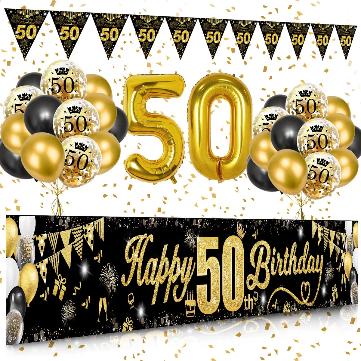 Palloncini 50 Anni Compleanno per Uomini e Donne, Oro Nero Happy 50th Birthday Striscione Oro Nero Palloncini con Coriandoli Fuochi D'artificio Striscione Bandiera Triangolare