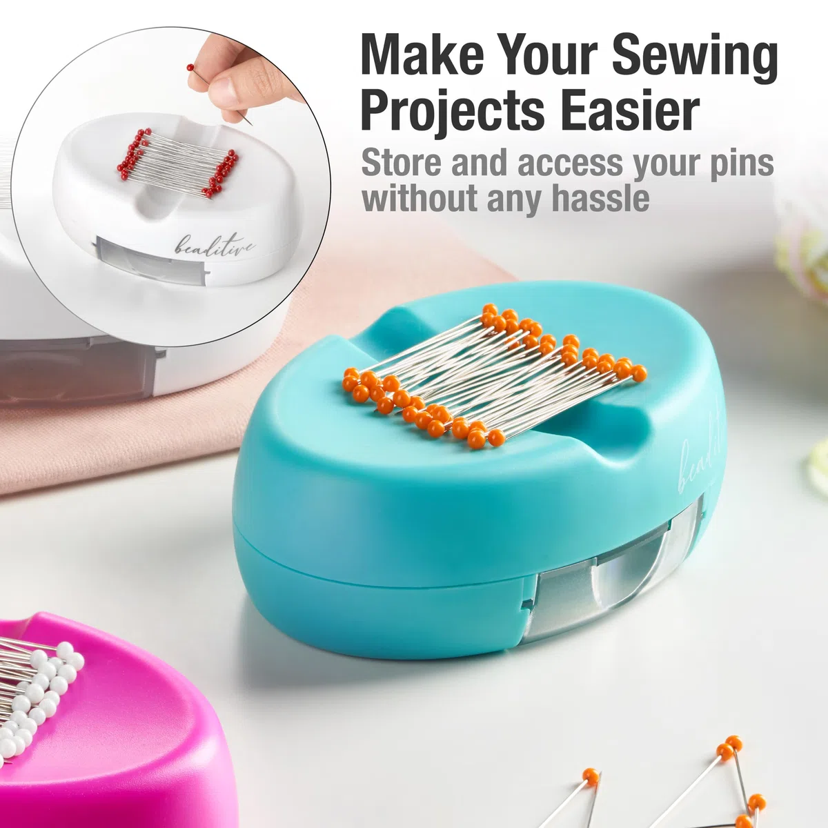 Beaditive Puntaspilli magnetico con cassetto, forte supporto magnetico per cucito, 50 spilli con testa in vetro inclusi, elegante portapillole per spilli da cucito, graffette (turchese)