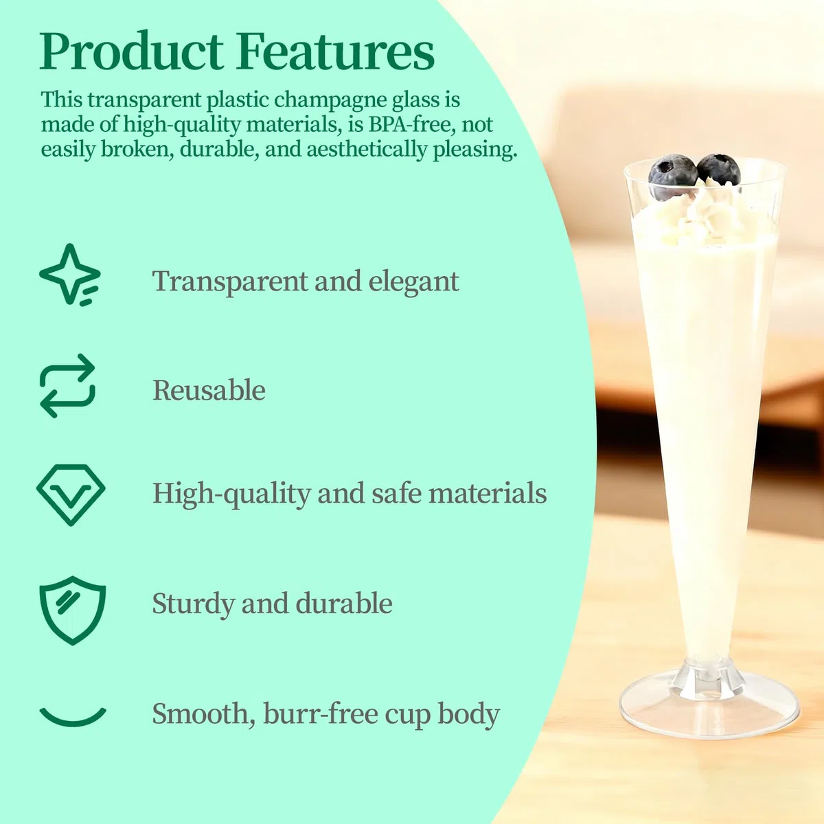 Flute da Champagne Eleganti in Plastica, 135ml, Trasparenti, Resistenti e Riutilizzabili, Facile da pulire, alta qualità Flute,per Feste, Compleanni, Matrimoni, Capodanno.