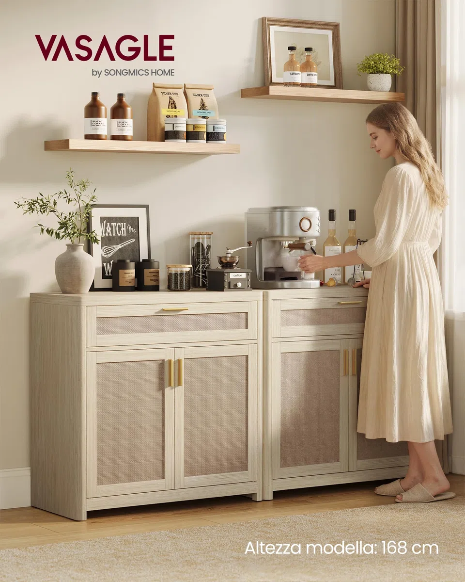 VASAGLE ELLAN Collezione - Credenza in Stile Boho con Ante Effetto Rattan, Mobile da Cucina, Angoli Arrotondati, Ripiano Regolabile, Cassetto, Sala da Pranzo, Beige Naturale BBK601LC01