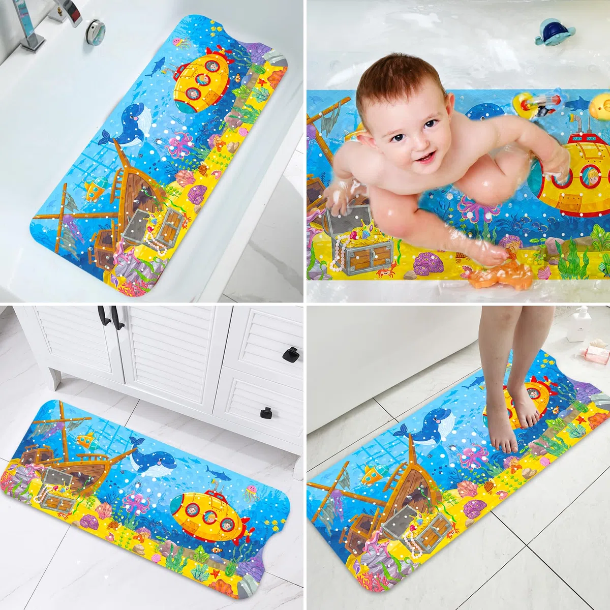 Tappetino Vasca Antiscivolo Bambini da Bagno,100x40cm Tappetino per Doccia Antiscivolo con 200 Ventose e Modello Animale Marino,Senza BPA Antibatterico Lavabile in Lavatrice Tappetino da Bagno