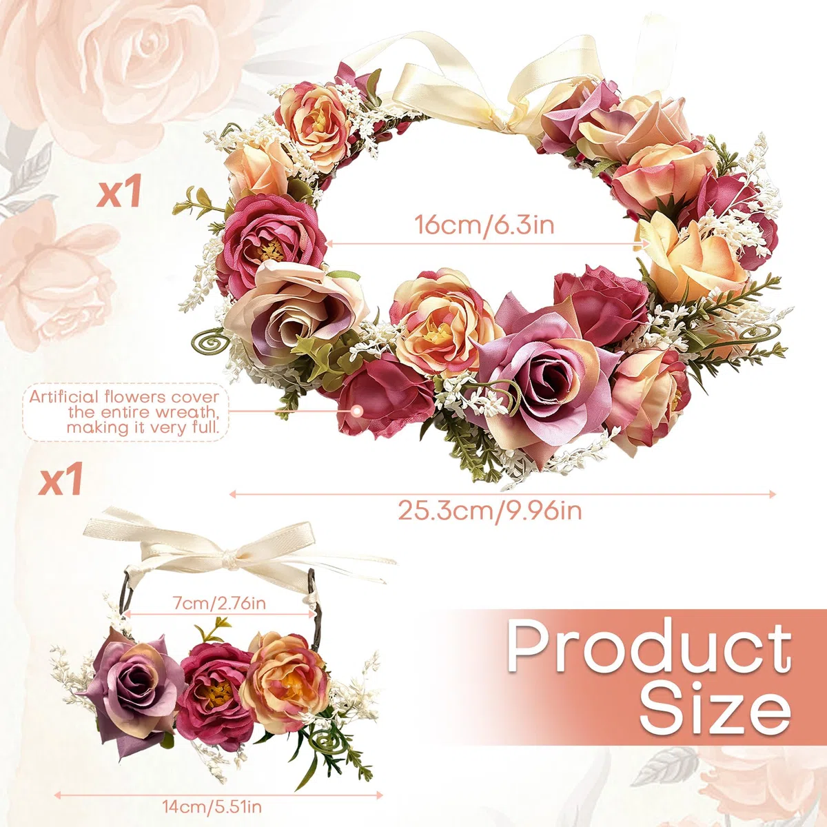 TZEKING Ghirlanda di Fiori e Bracciale Set, Corona di Fiori per Capelli con Fascia Regolabile, Coroncina per Sposa e Damigella, Adatto per Adulti e Bambini, per Matrimonio, Festa, Festival, Spiaggia
