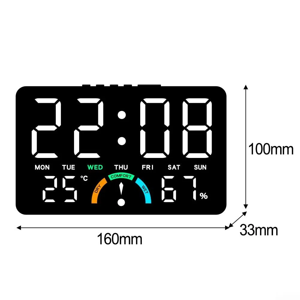 Grande orologio digitale a LED con ora, umidità, temperatura, data, sveglia e indicatori di livello di comfort, progettato per appendere alla parete o da installare in piano (bianco)