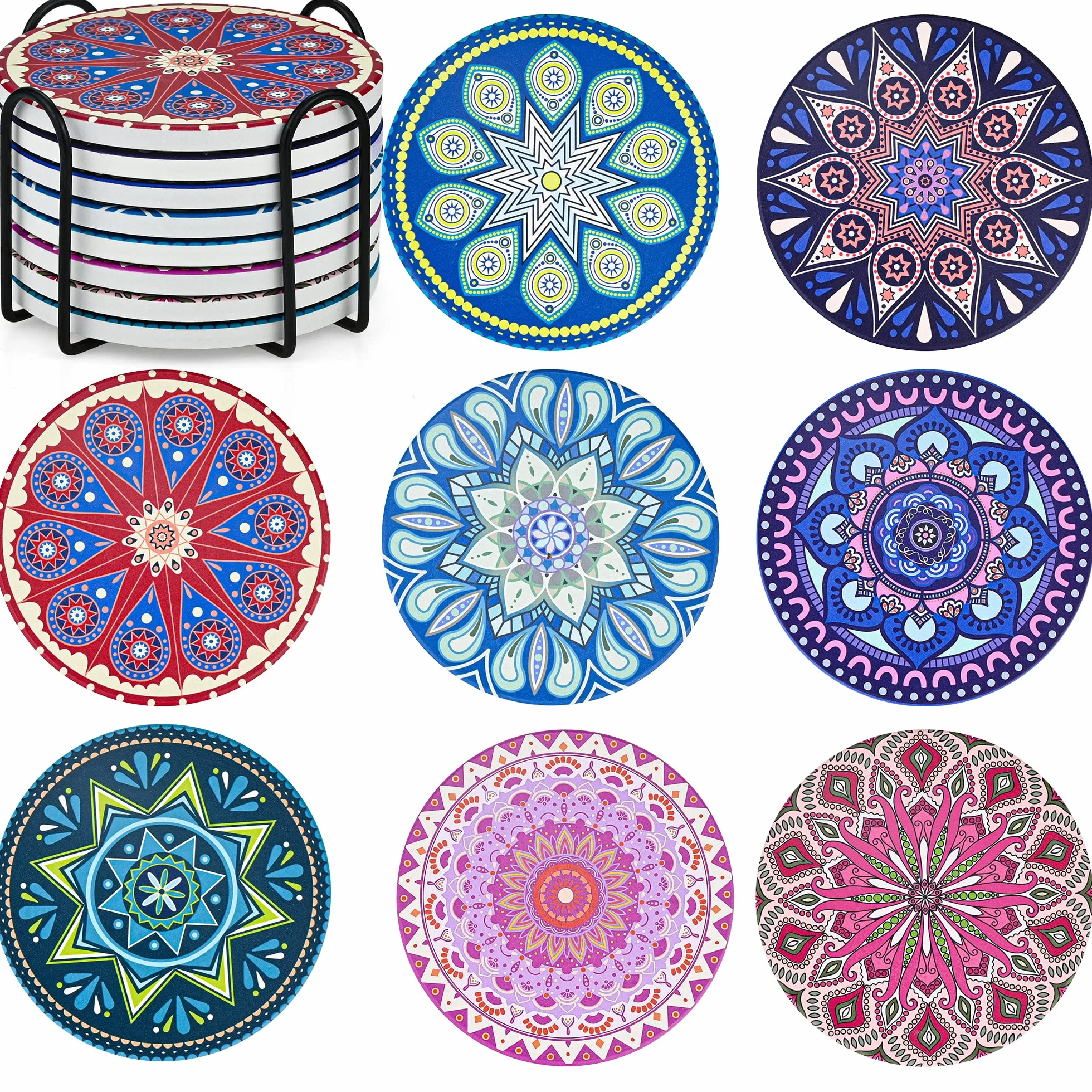Set di 8 sottobicchieri mandala, ceramica, rotondi, supporto, assorbenti, base sughero antiscivolo, tappetino pietra ceramica, tazze, bicchieri da vino, cucina, bar, 10 cm