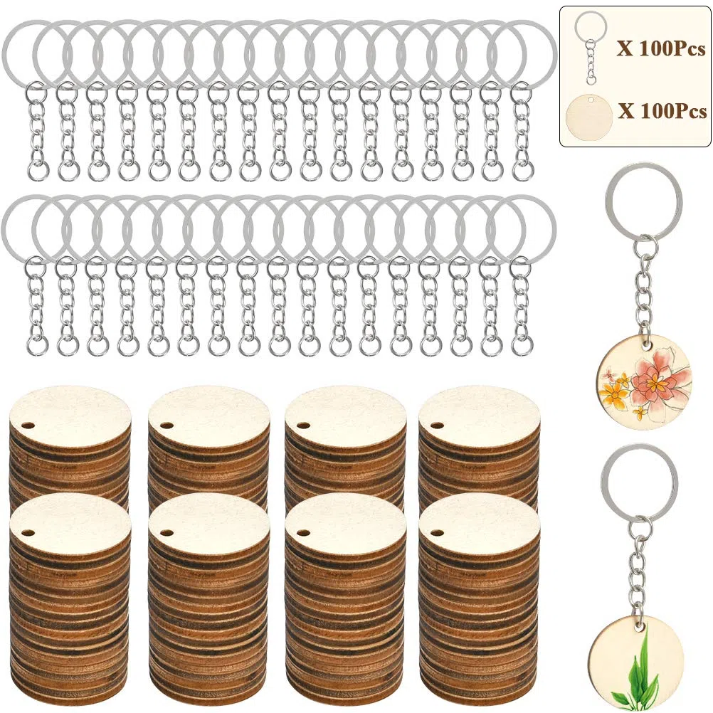 FOCCTS Fette di legno rotonde da 100 pezzi con anelli portachiavi da 100 pezzi adatti per artigianato, scrapbooking, ornamenti, progetti personalizzati