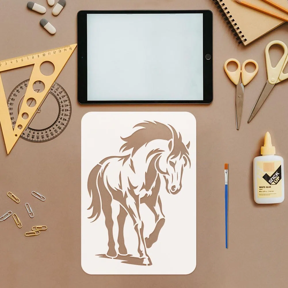 FINGERINSPIRE 12Styles Stencil per Cavallo con Pennello e Inchiostro, 29.7x21cm Stencil per Dipingere Teste di Cavallo Stencils con Motivo di Cavallo Al Galoppo Modelli con Temi Animali per Dipingere