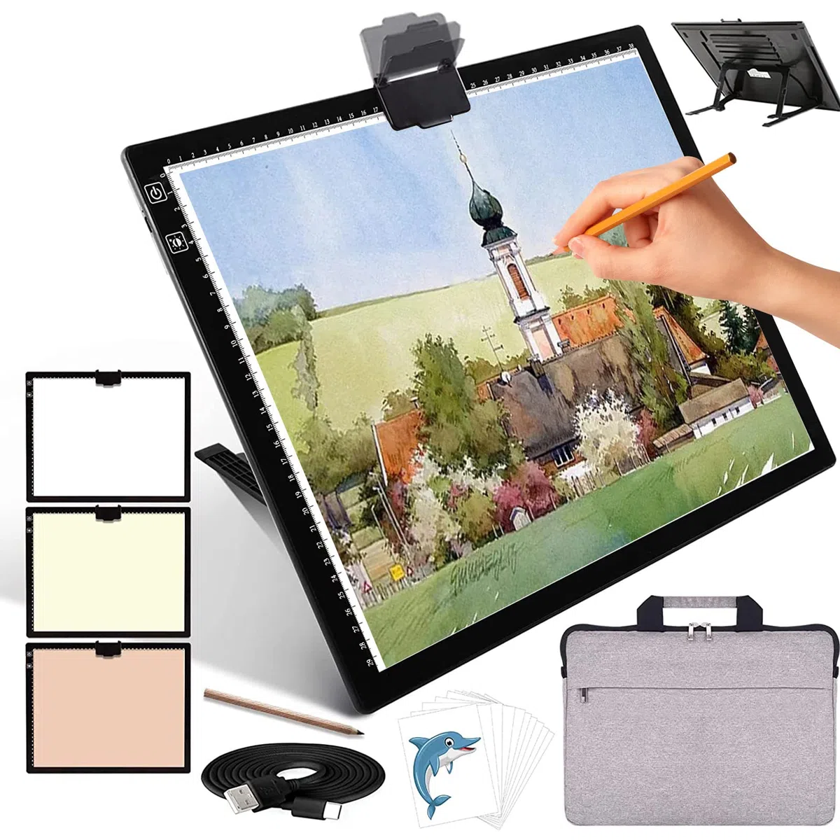 Tavolo luminoso ricaricabile A3 con borsa, senza fili, funzionamento a batteria, 3 colori dimmerabili e 6 piastre luminose dimmerabili per disegno, Diamond Painting, pittura, visione a raggi X