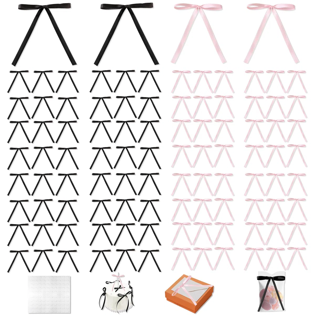 100 Pezzi Fiocchi in Raso, 8x12 cm Fiocchetti Piccoli, Nero e Rosa Fiocchetti Nastro Raso con Cuscinetti Adesivi per Fai da Te Confezioni Regalo Decorazioni Torta