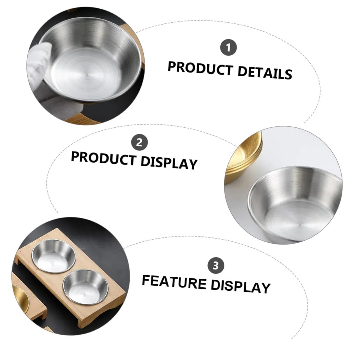Set 1 Piatto Di Salsa e Piatto Di Condimento in Acciaio Inox 304 Base in Legno, Resistente e Profondo, Per Antipasti e Buffet Domestici