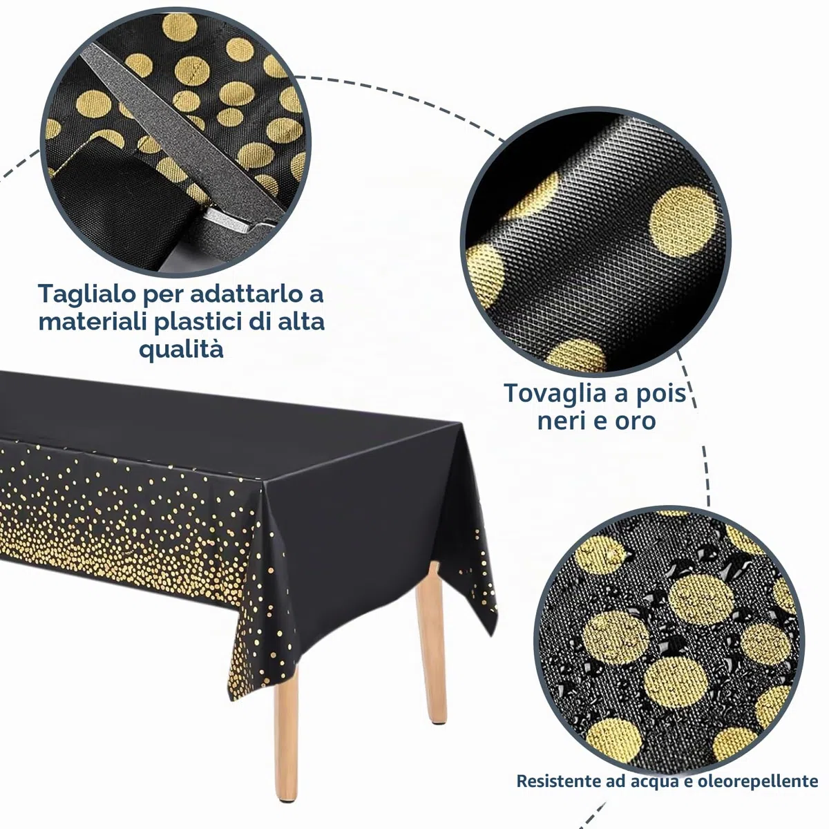 Nizirioo 6 tovaglie usa e getta, impermeabili, rotolo di carta, per feste, a pois, rettangolare, adatta per decorazioni di compleanno, matrimonio, 137 x 274 cm (nero)