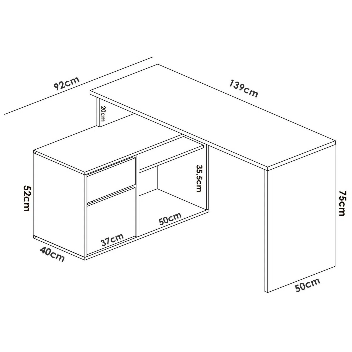 Dmora - Scrivania Gardena, Scrittoio multiposizione da ufficio o cameretta, Tavolo da studio angolare multiuso, 139x92h75 cm, Bianco