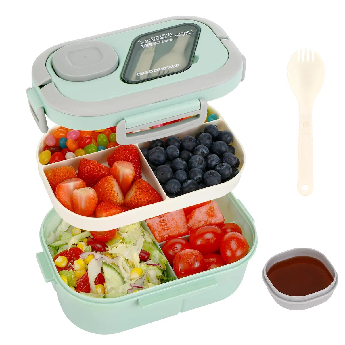 Kasanni Lunch Box con scomparti, lunch box, contenitore per pranzo e insalata, bento box con cucchiaio, snack box, pranzo, per adulti e bambini, senza BPA (Verde)