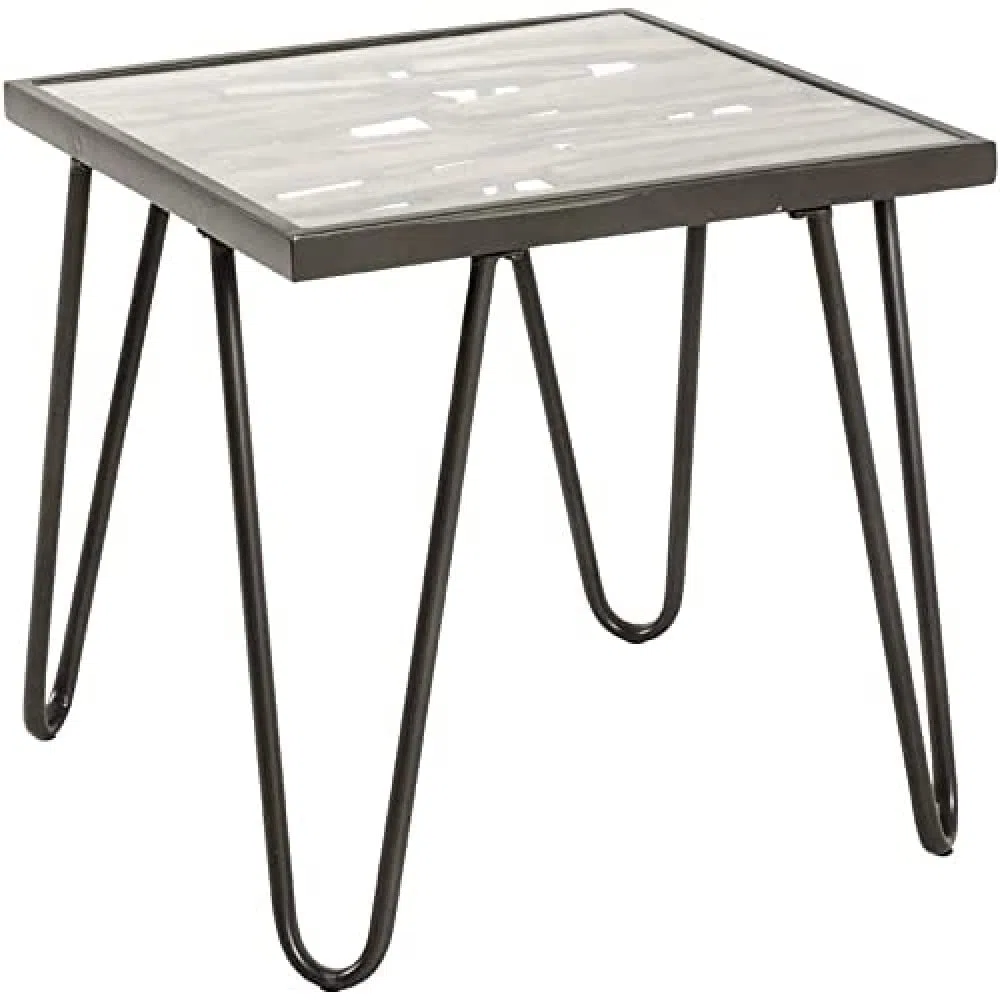 HAKU Tavolino in legno massello naturale, metallo antracite, vetro di sicurezza, tavolino da divano in legno - Dimensioni: L 50 x A 50 x P 50 cm Stile: Art Déco