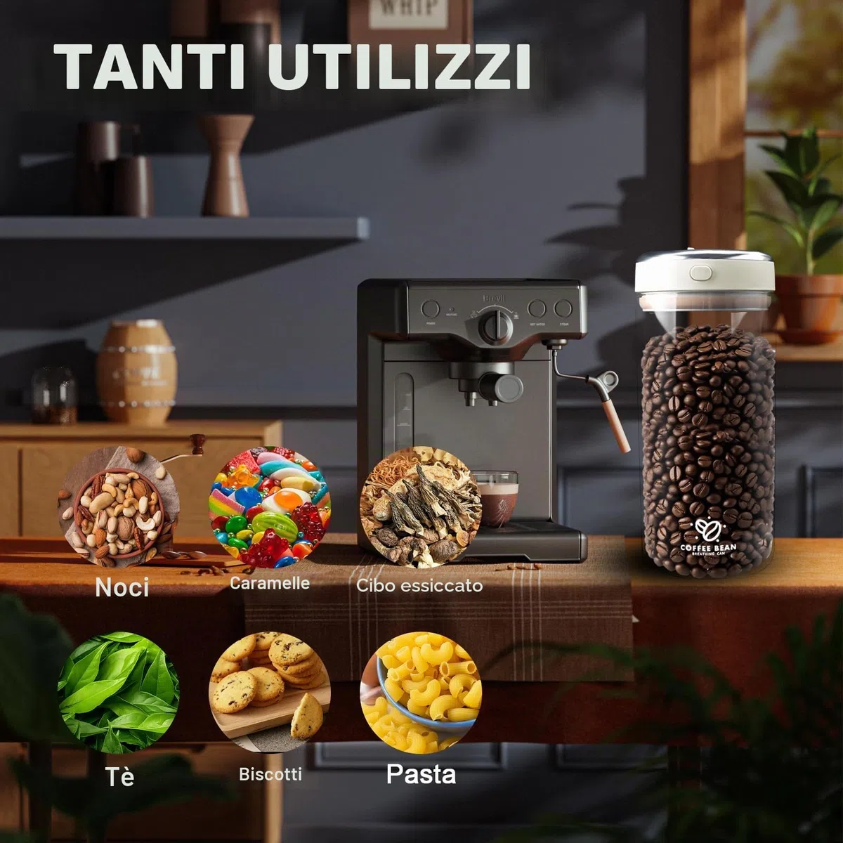 Barattolo Caffè Ermetico 1700ml Contenitore per Chicchi in Vetro Valvola di Degasazione Data di Conservazione e Tenuta Stagna Contenitore Caffe per Caffè Tè Frutta Secca Latte in Polvere