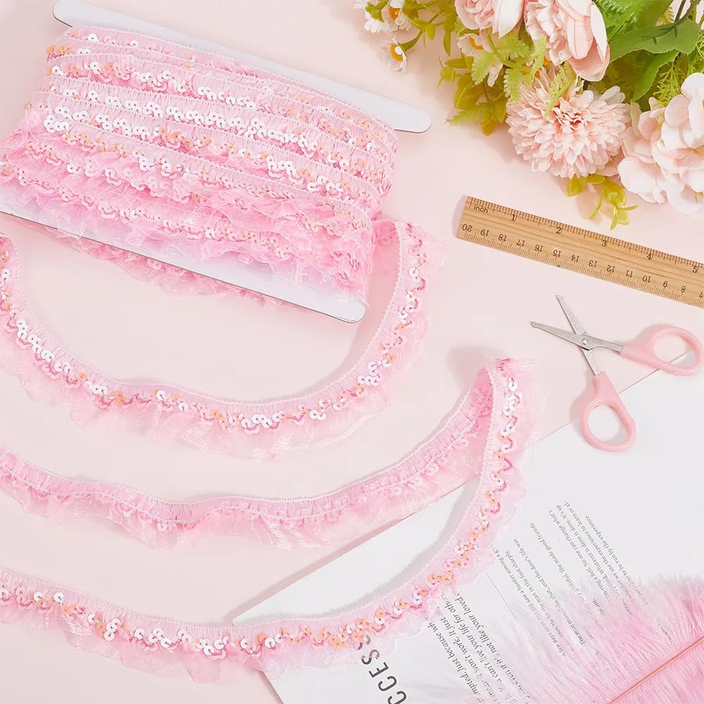 GORGECRAFT 11 m di Pizzo in Chiffon Plissettato Rosa con Paillettes, Elastico, in Organza, Nastro da 3cm, con Balze Arricciate, Elastico, per Cucire, Confezioni Regalo, Artigianato in Stoffa