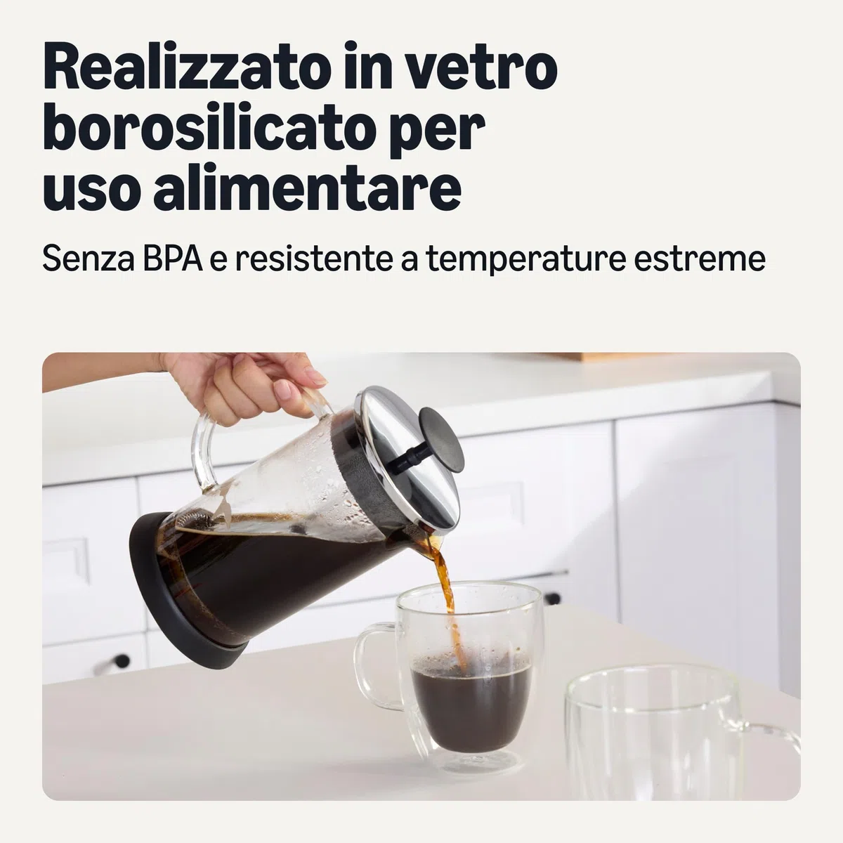 Amazon Basics Caffettiera a Stantuffo, 1L, in Vetro Borosilicato, Senza BPA, Parti Rimovibili Lavabili in Lavastoviglie