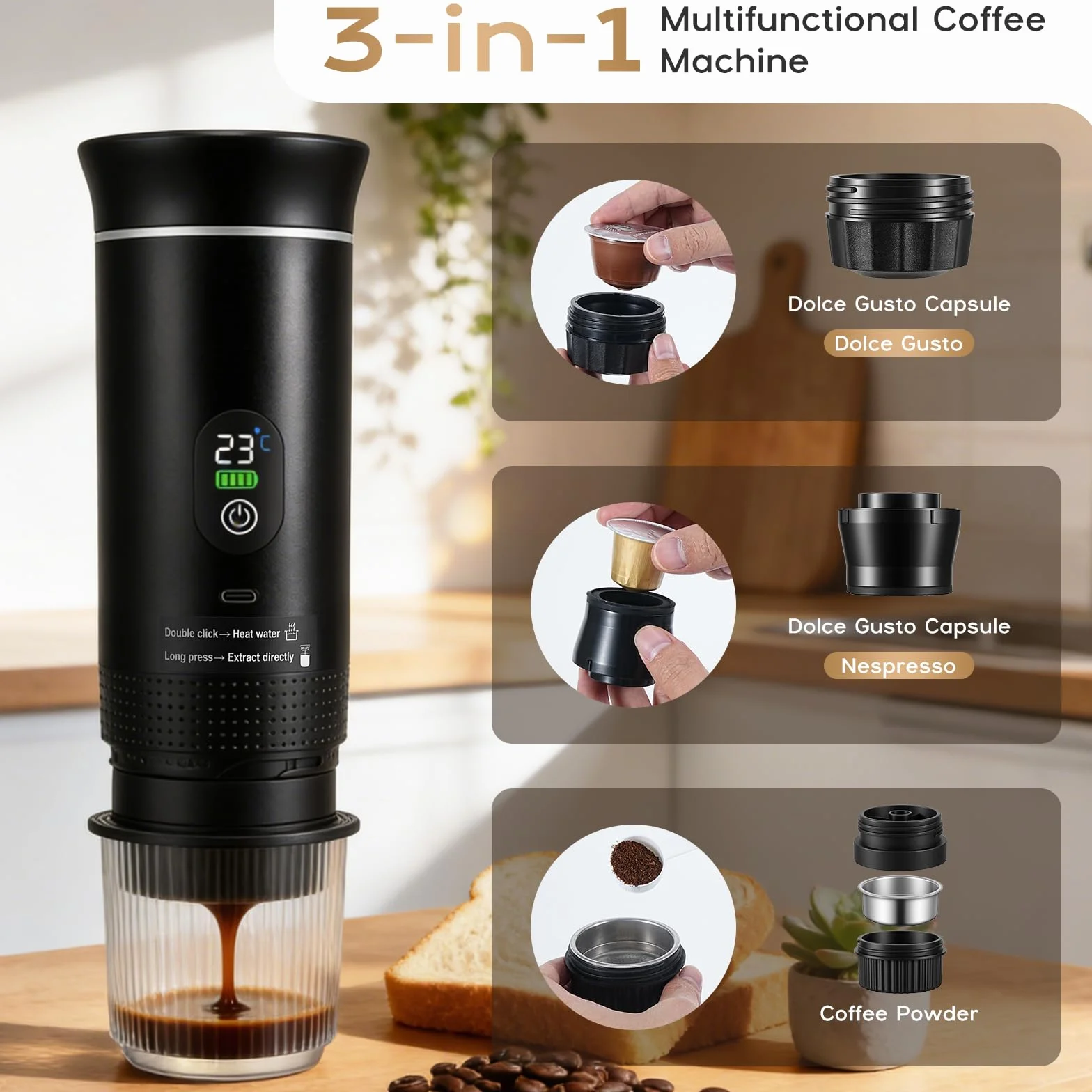 Macchina Caffè Portatile 20 Bar, 3 IN 1 Macchina Espresso Portatile Compatibile con Capsule Piccole/Grandi e Caffè Macinato, Auto-Riscaldamento, Caffettiera Portatile per Viaggi Campeggio Auto